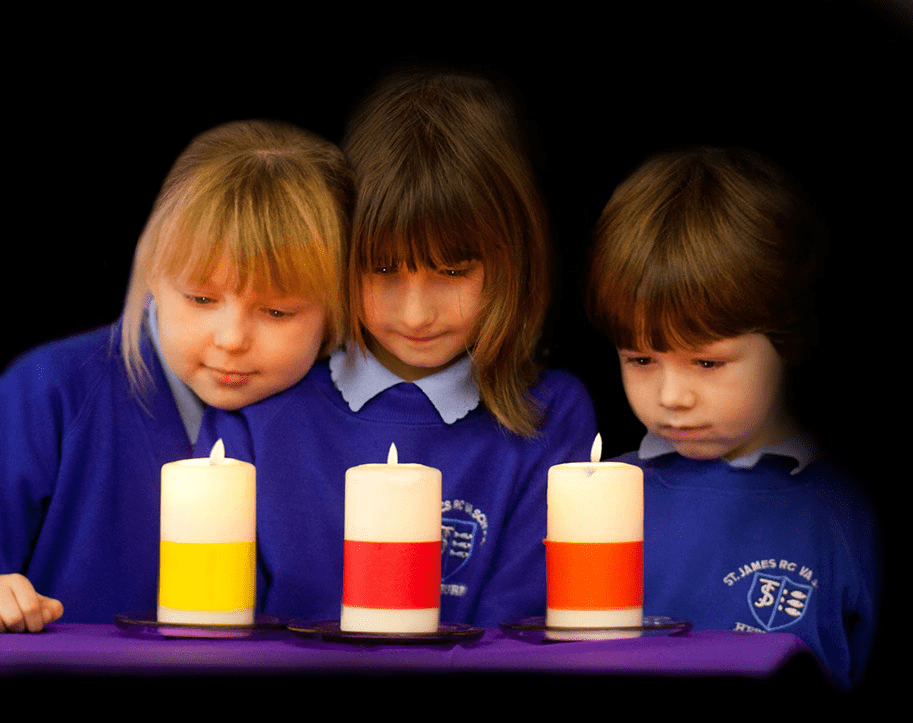 School children looking at candles